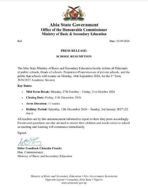Abia State Schools Resume September 14 as Ministry Announces 2026/2027 First Term Calendar